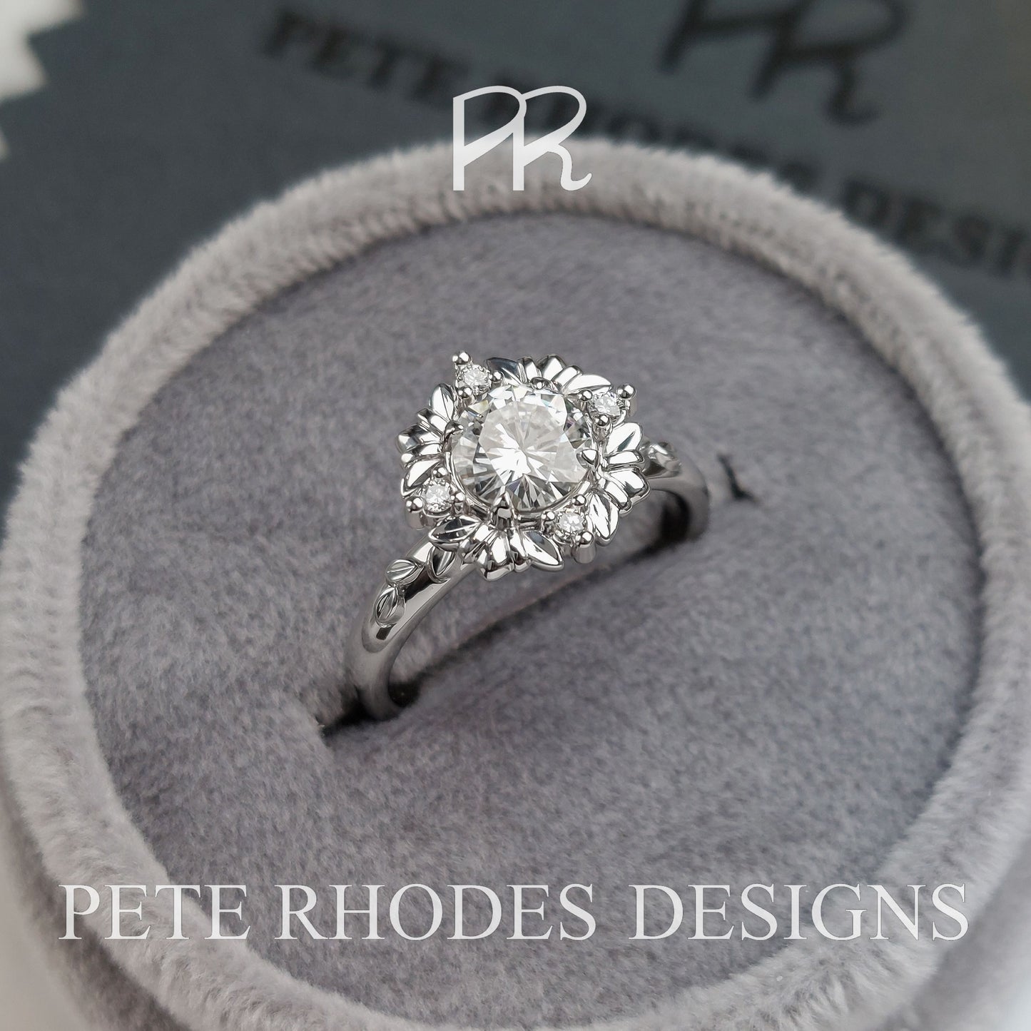 Carved Gallery Halo and Round Charles and Colvard Moissanite Ring - LA GALERIE