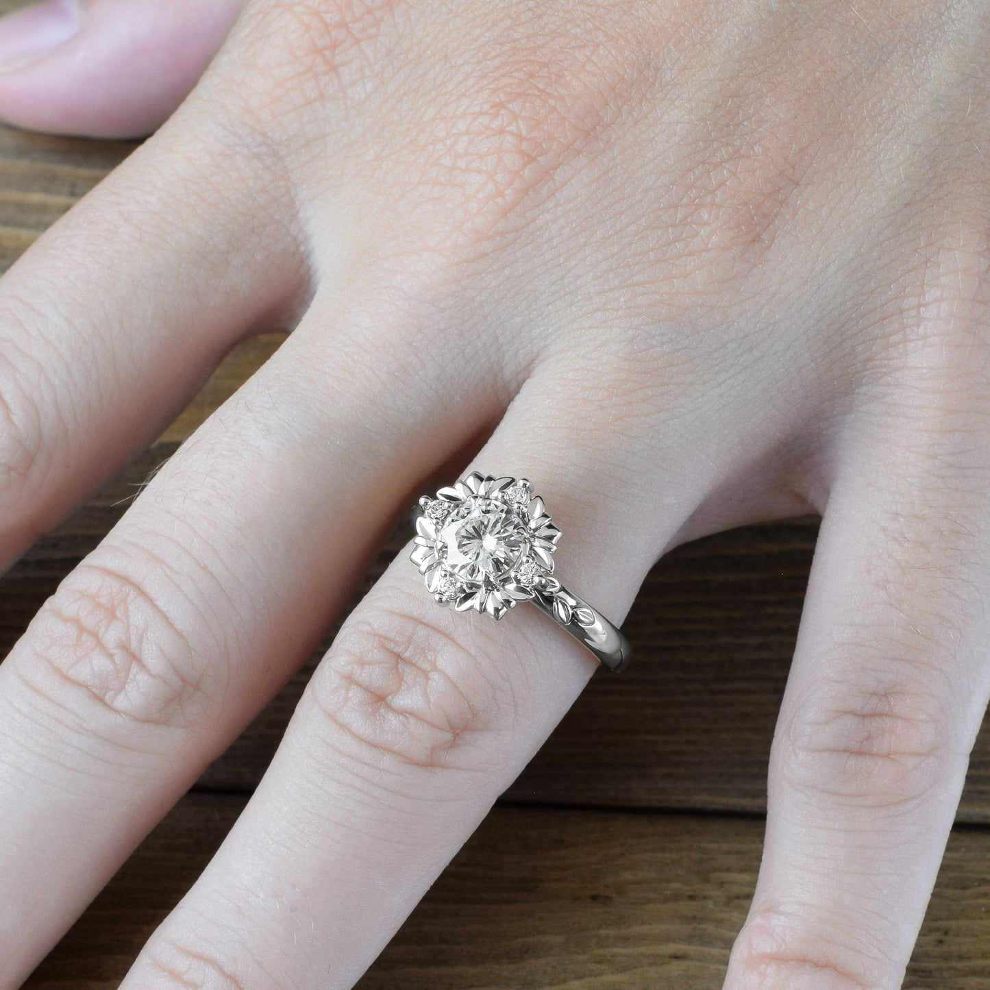 Carved Gallery Halo and Round Charles and Colvard Moissanite Ring - LA GALERIE