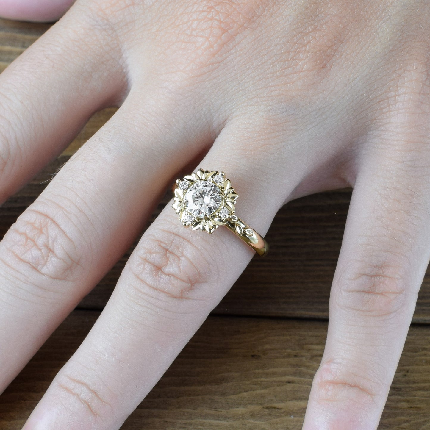 Carved Gallery Halo and Round Charles and Colvard Moissanite Ring - LA GALERIE