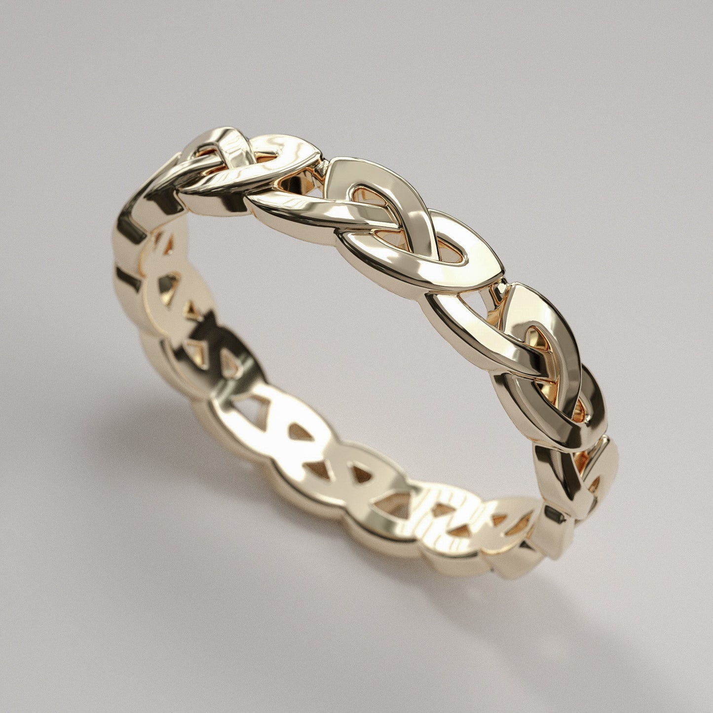 Yellow gold Celtic wedding band - overhand knot eternity ring for women