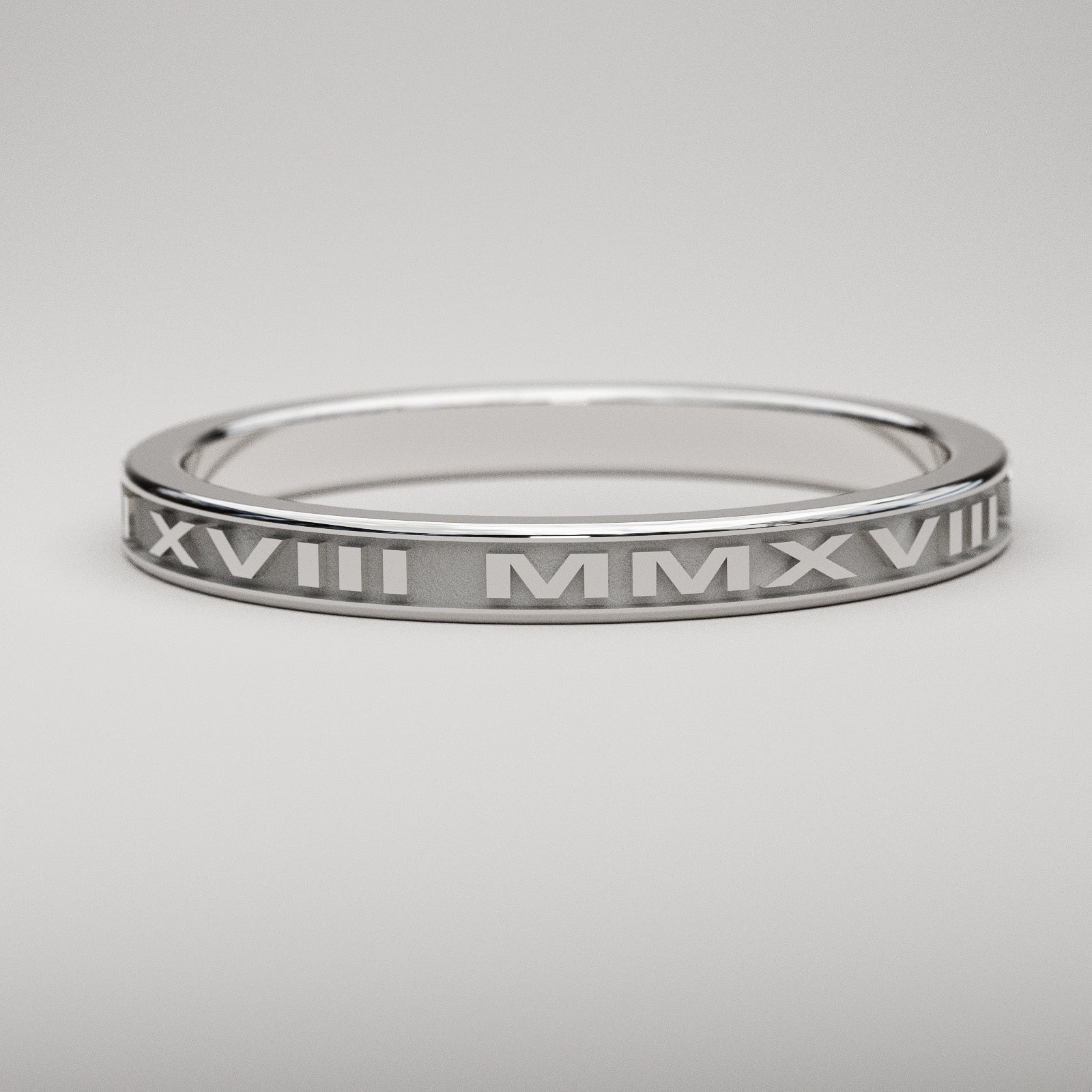 personalized date Roman numeral band in 14k white gold, narrow