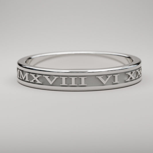 Custom Roman Numeral wedding band in 14k white gold, 3mm wide