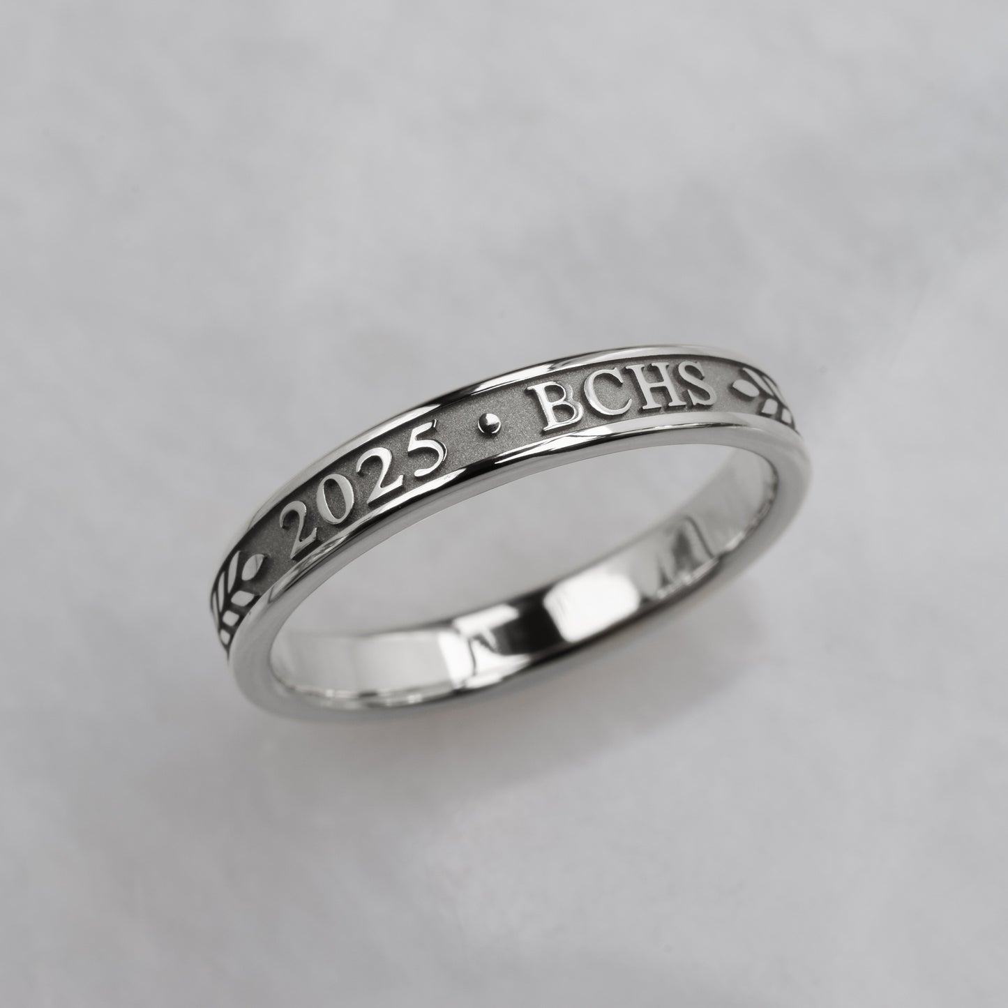 Graduation Ring with Year and School Letters, White Gold