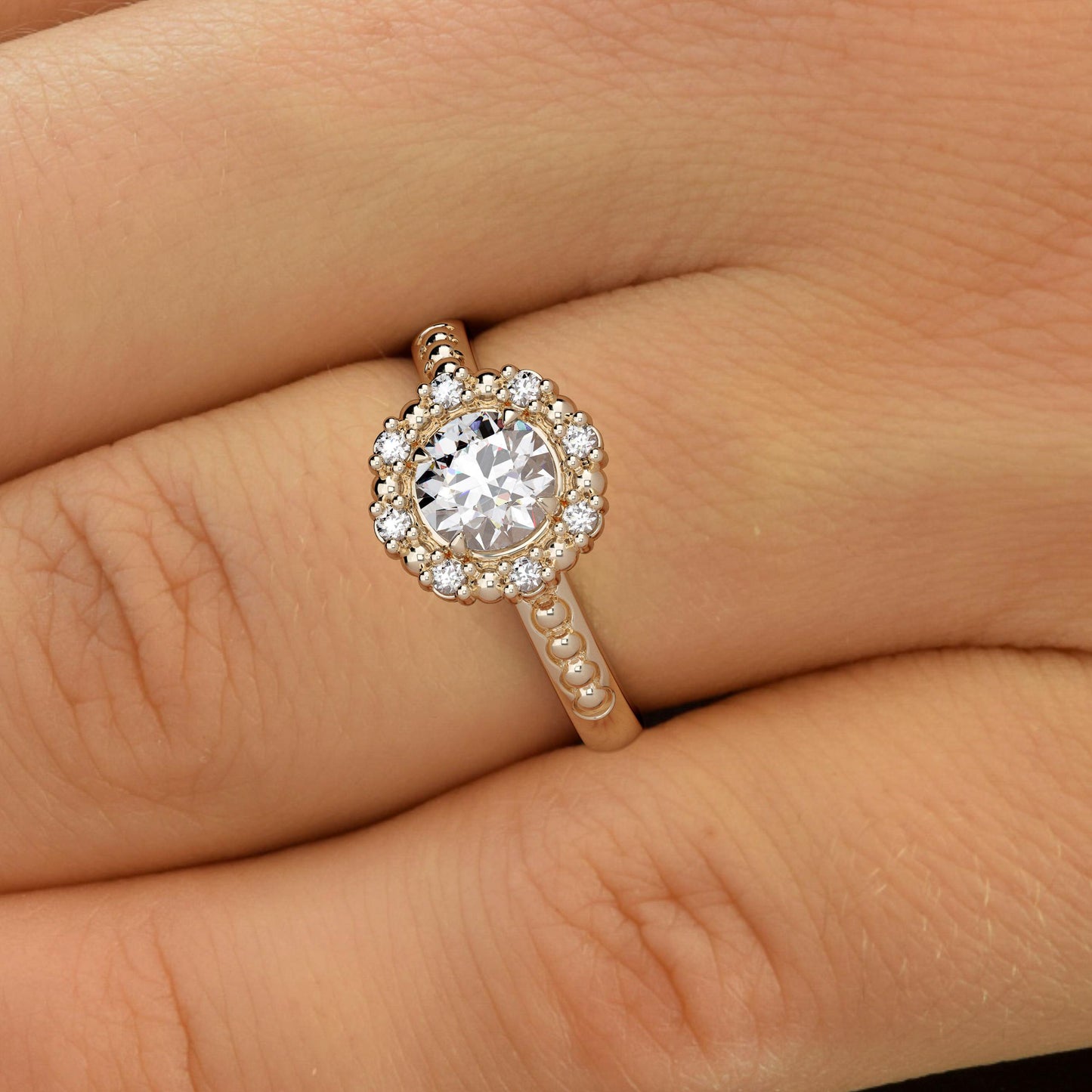 Beads and Diamond Halo and Round Charles and Colvard Moissanite Ring - LA PERLÉE