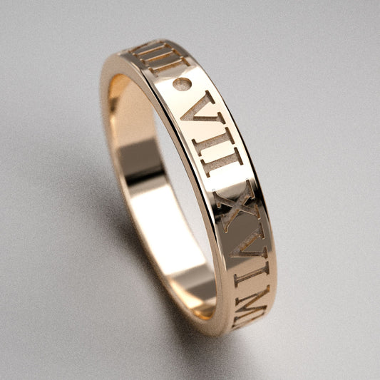 Inset Custom Date Roman Numeral Ring, 4mm Wide
