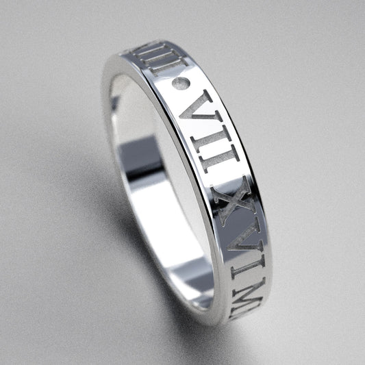 Inset Custom Date Roman Numeral Ring, 4mm Wide