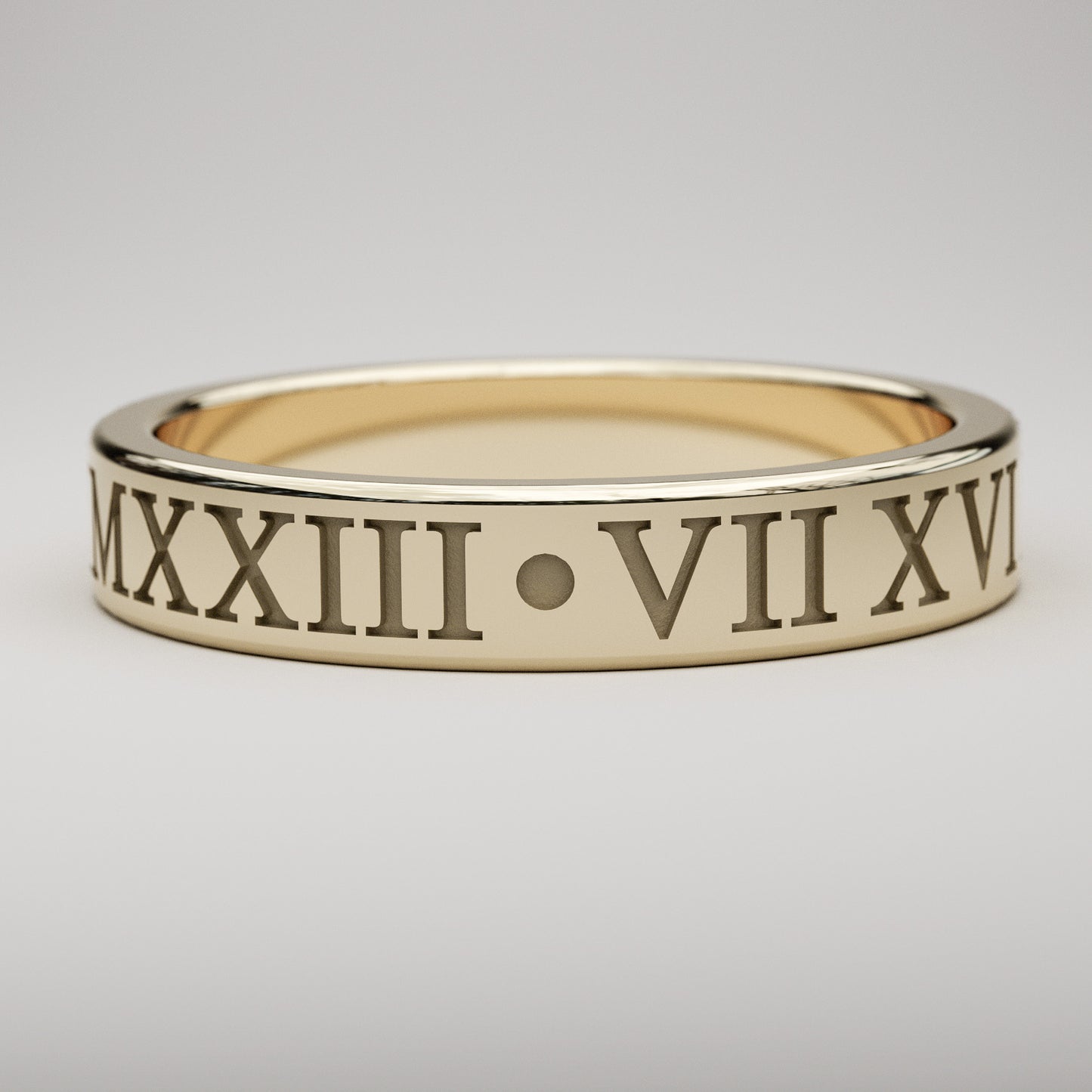 inset custom date Roman Numeral ring in yellow gold, 4mm wide