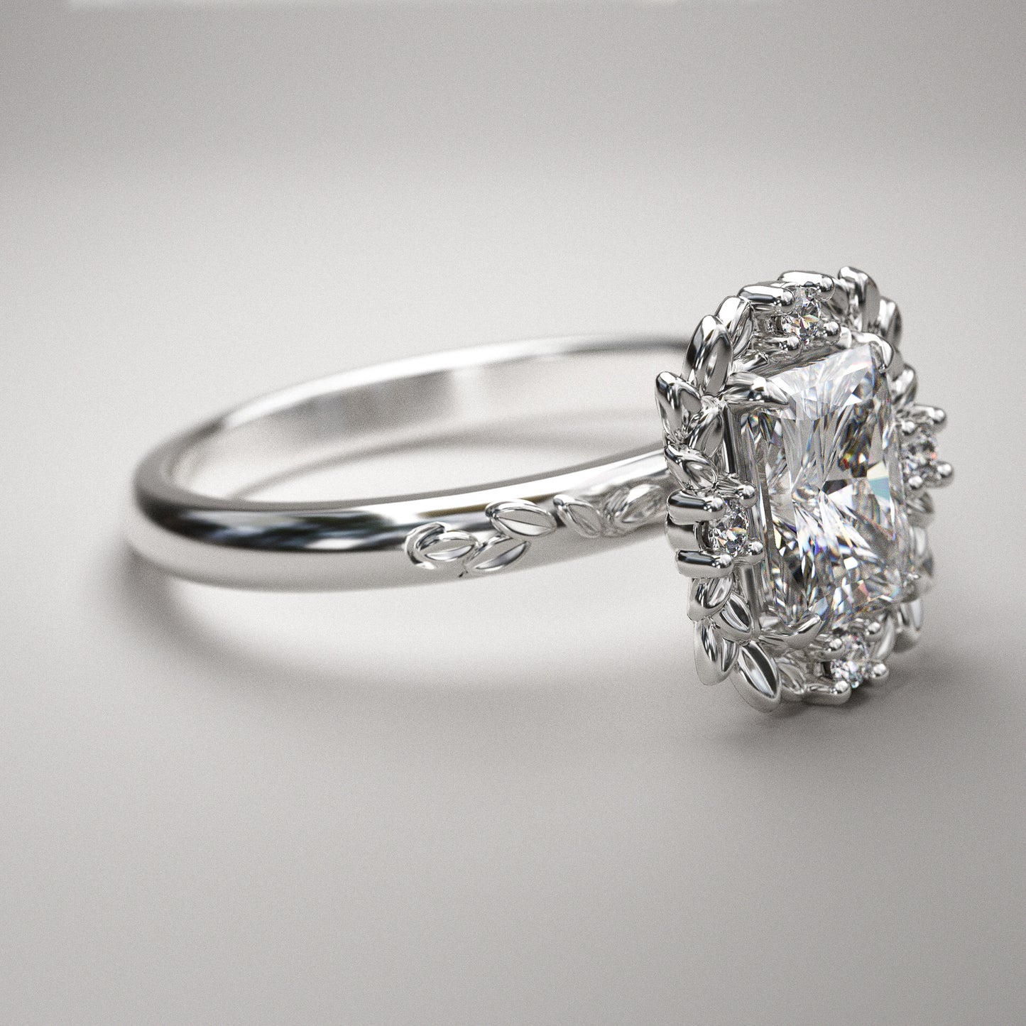 Leaf Halo with Radiant Cut Charles and Colvard Moissanite - LA FEUILLUE II