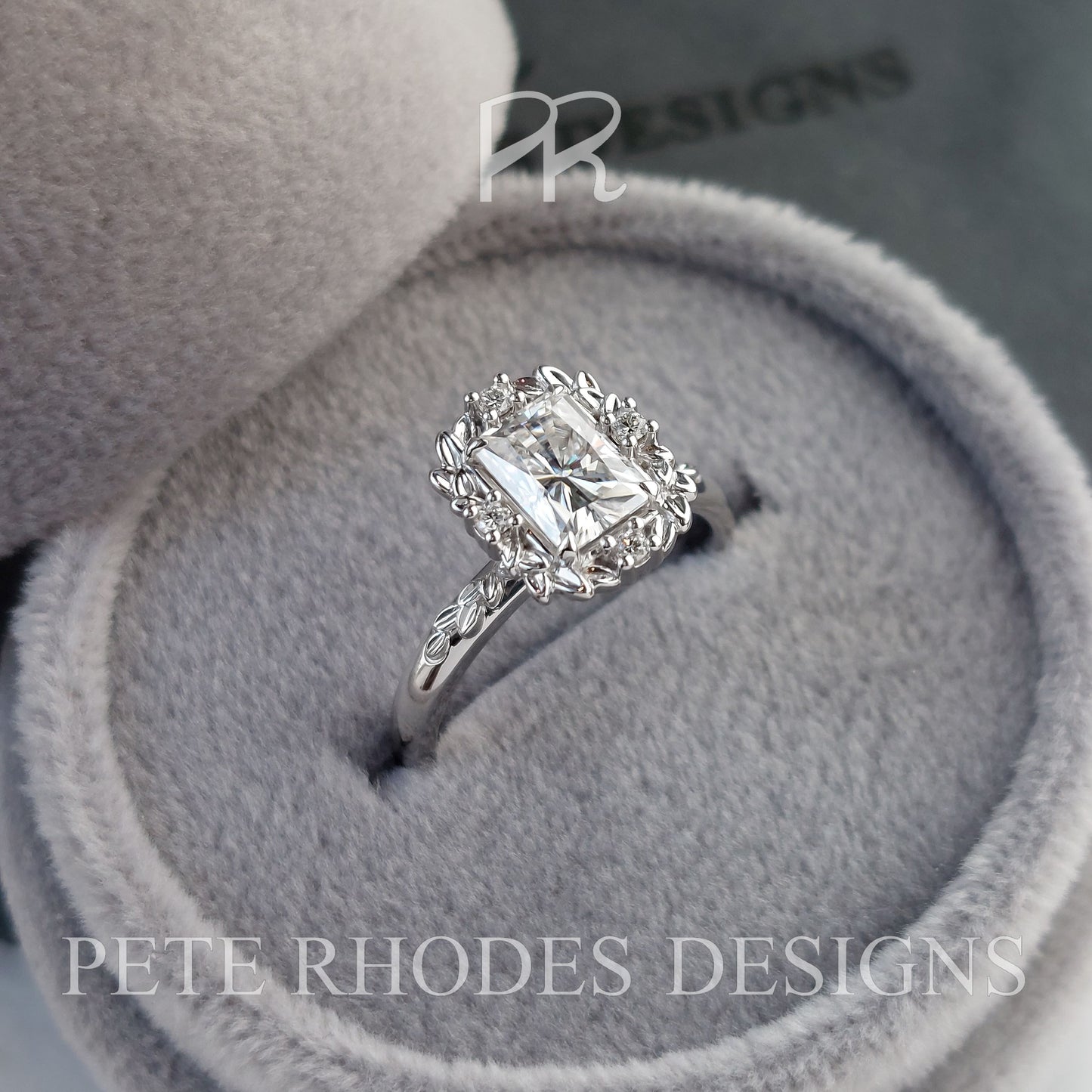 Leaf Halo with Radiant Cut Charles and Colvard Moissanite - LA FEUILLUE II