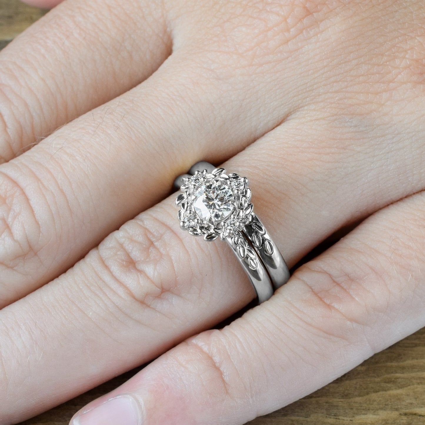 Leaf Halo with Round Charles and Colvard Moissanite - LA FEUILLUE