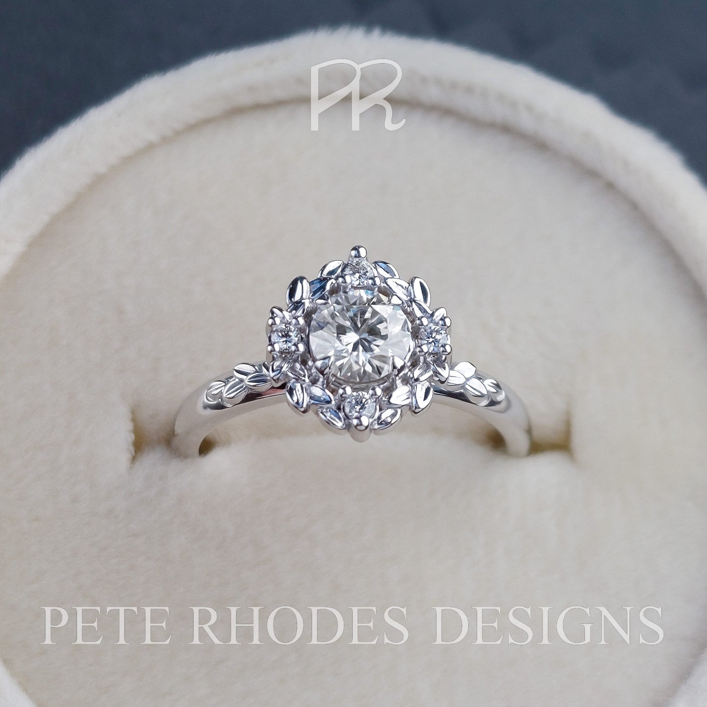 Leaf Halo with Round Charles and Colvard Moissanite - LA FEUILLUE