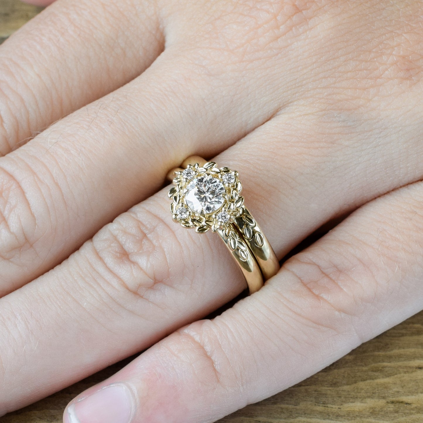 Leaf Halo with Round Charles and Colvard Moissanite - LA FEUILLUE