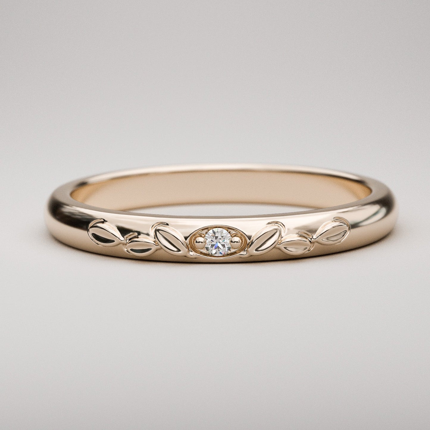 Antique inspired leaves and diamond domed ring in 14k rose gold