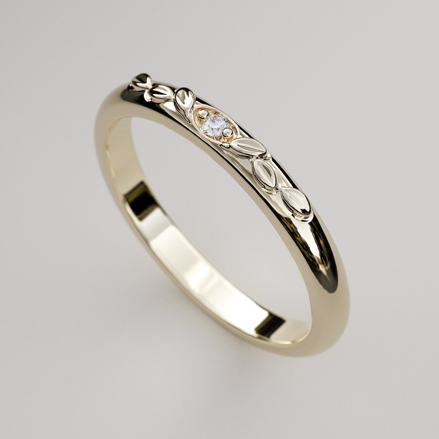 Antique inspired leaves and diamond domed ring in 14k or 18k yellow gold