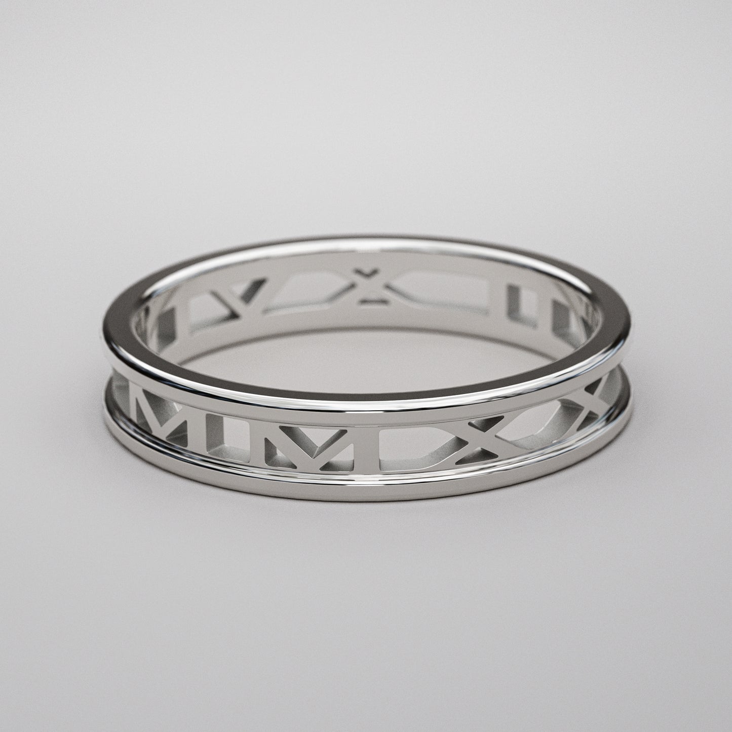 Cut out letters custom date Roman Numeral Ring, in 14k white gold