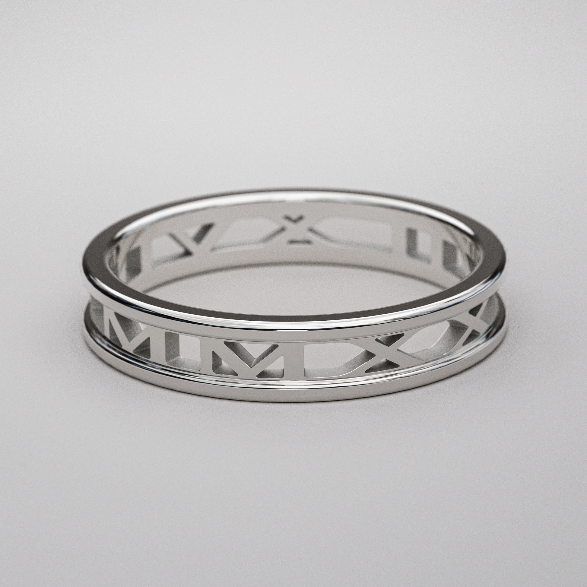 Cut out letters custom date Roman Numeral Ring, in 14k white gold