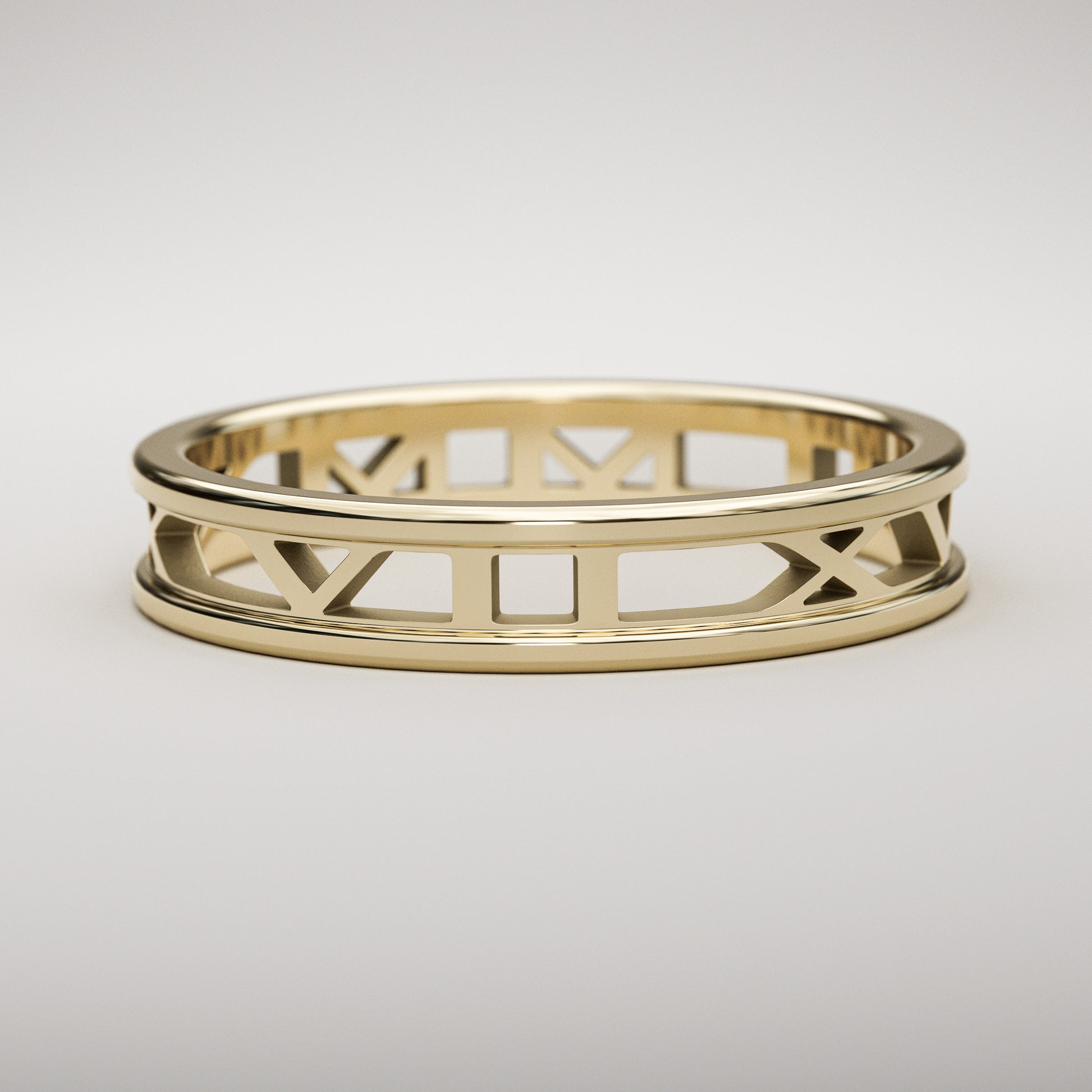 Cut out letters custom date Roman Numeral Ring, in 14k gold