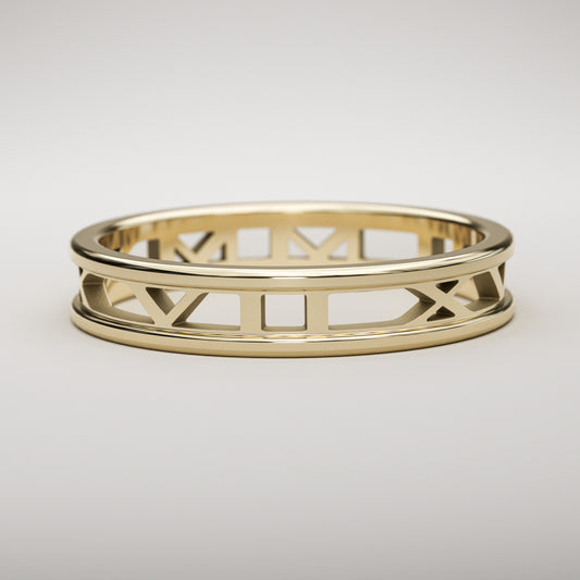 Cut out letters custom date Roman Numeral Ring, in 14k gold