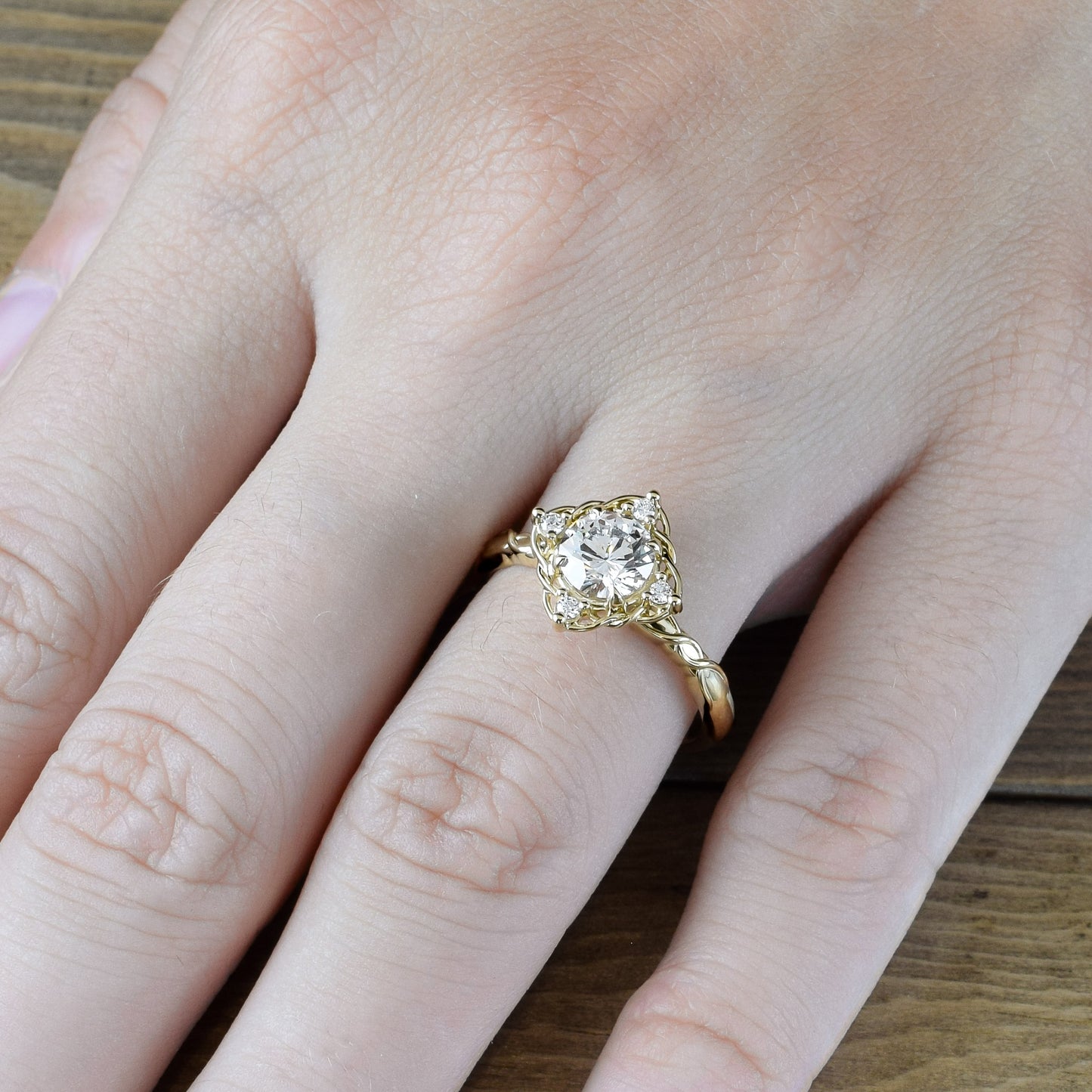 Woven Gold Strand Halo with Round Charles and Colvard Moissanite - ENTRELACÉE