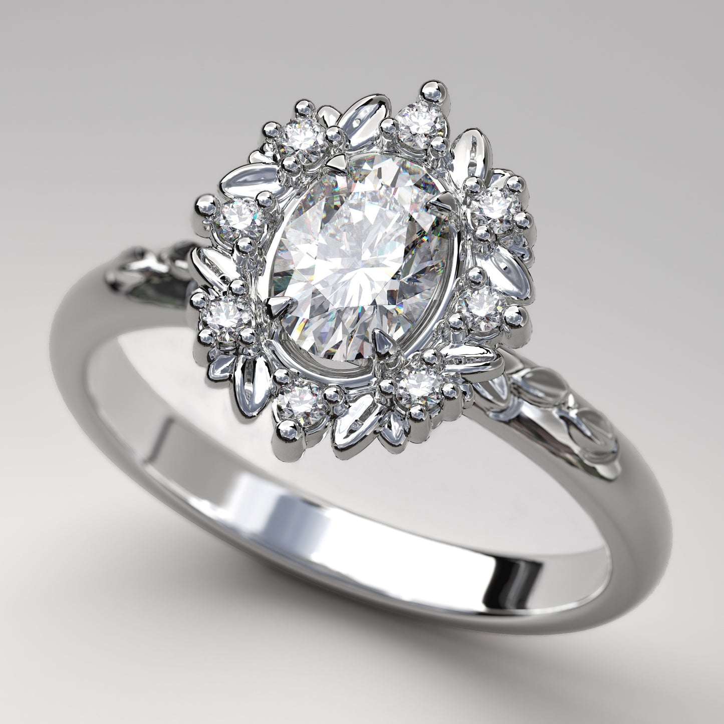 Unique halo engagement ring, with a wreath of leaves and 8 small genuine diamonds surrounding an oval cut 7X5mm (0.90 carat) USA lab grown moissanite gemstone