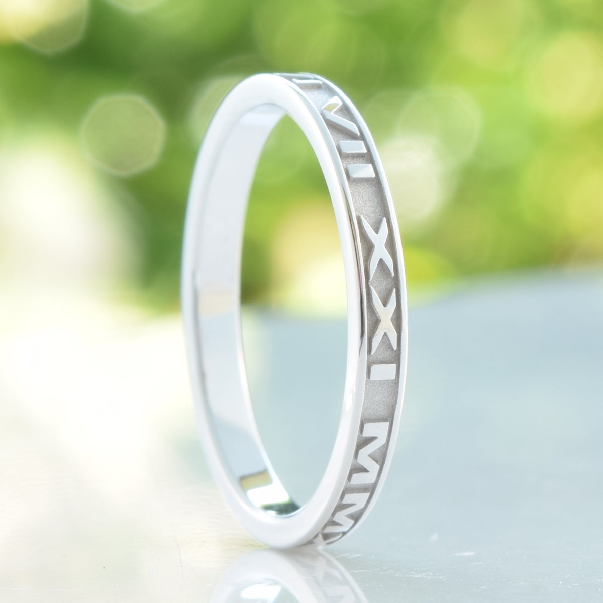personalized date Roman numeral band in 14k white gold, narrow