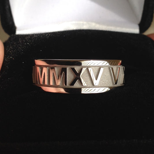 Custom  Roman Numeral Ring in 10K White Gold, 8mm Wide