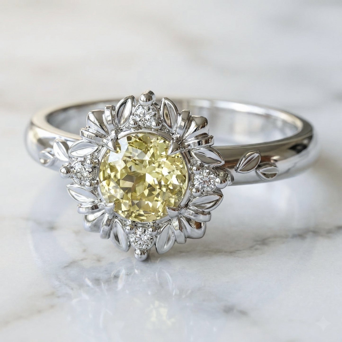 Light yellow sapphire halo setting engagement ring
