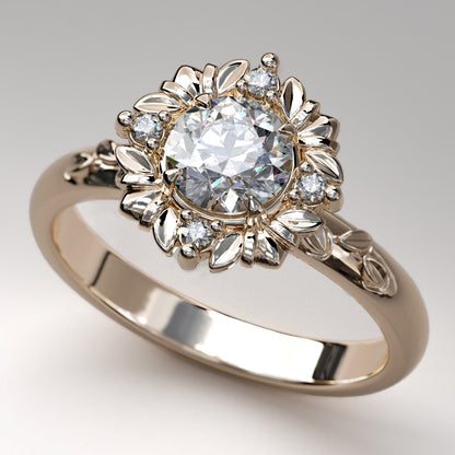 .75 carat round Moissanite engagement ring in rose gold featuring a carved gold and 4 diamond halo