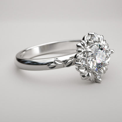 Carved Gallery Halo and Round Charles and Colvard Moissanite Ring - LA GALERIE