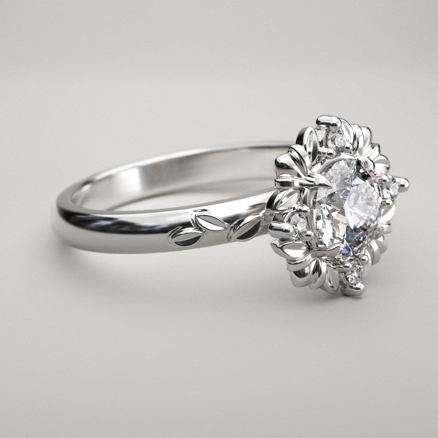 Carved Gallery Halo and Round Charles and Colvard Moissanite Ring - LA GALERIE