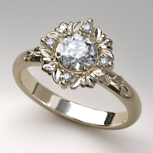 .75 carat round Moissanite engagement ring featuring a carved gold and diamond halo