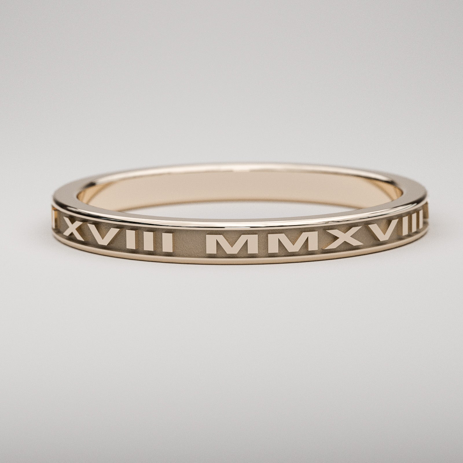 personalized date Roman numeral band in 14k rose gold, narrow