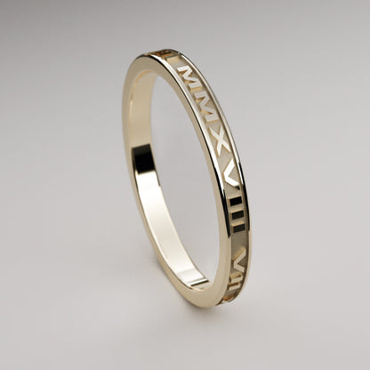 14k yellow gold Roman Numeral Ring with your custom date, 2mm Wide