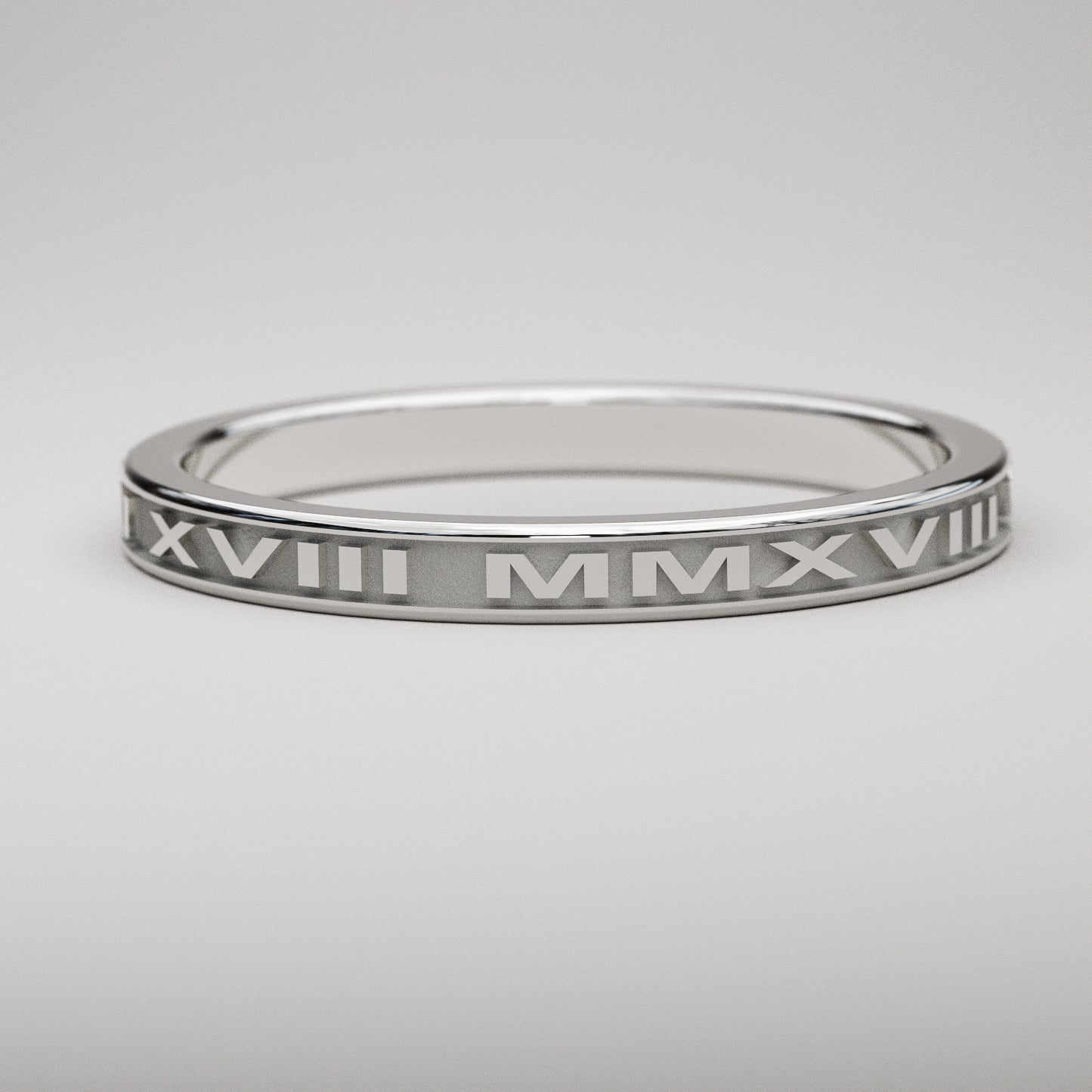 personalized date Roman numeral band in 14k white gold, narrow