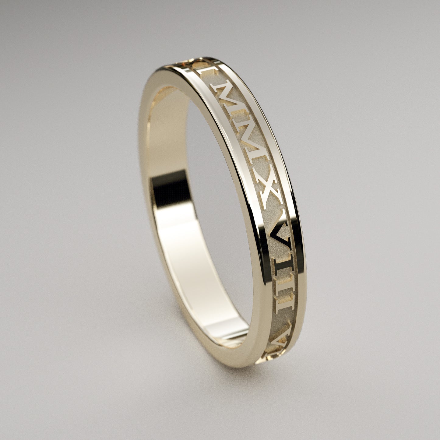 Custom date Roman Numeral ring in solid yellow gold, 3mm wide