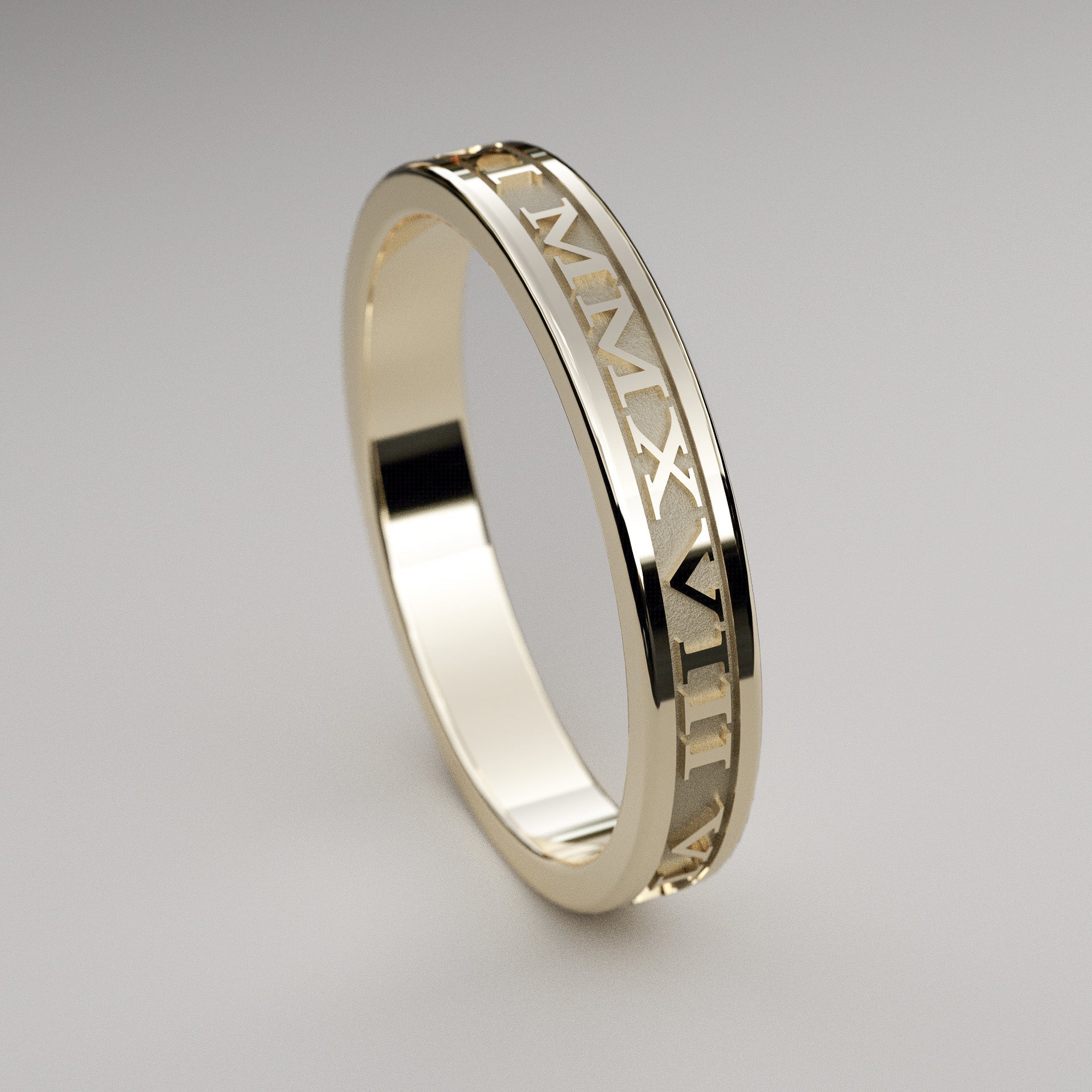 Custom Roman Numeral wedding band in 14k gold, 3mm wide