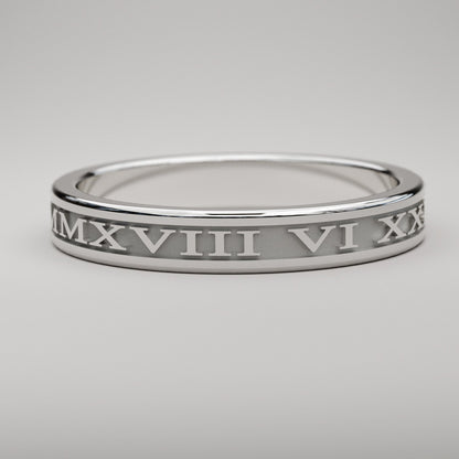 Custom Roman Numeral wedding band in 14k white gold, 3mm wide