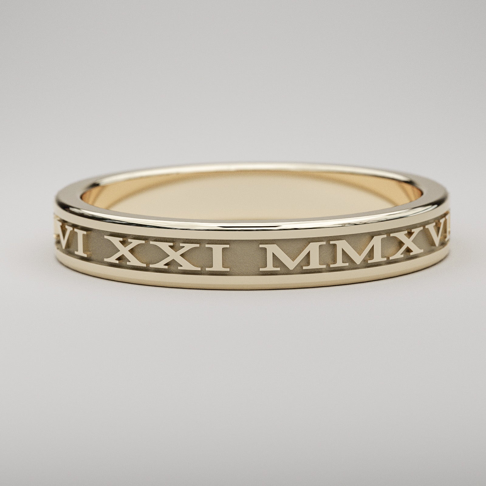 Custom date Roman Numeral ring in solid yellow gold, 3mm wide