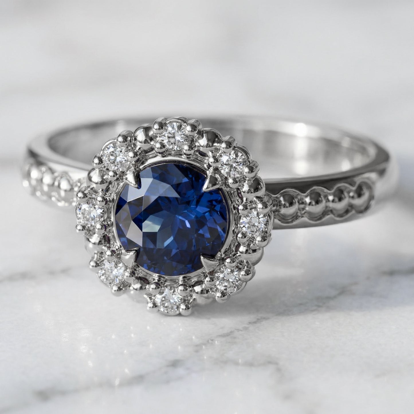 Chatham blue sapphire ring, vintage inspired