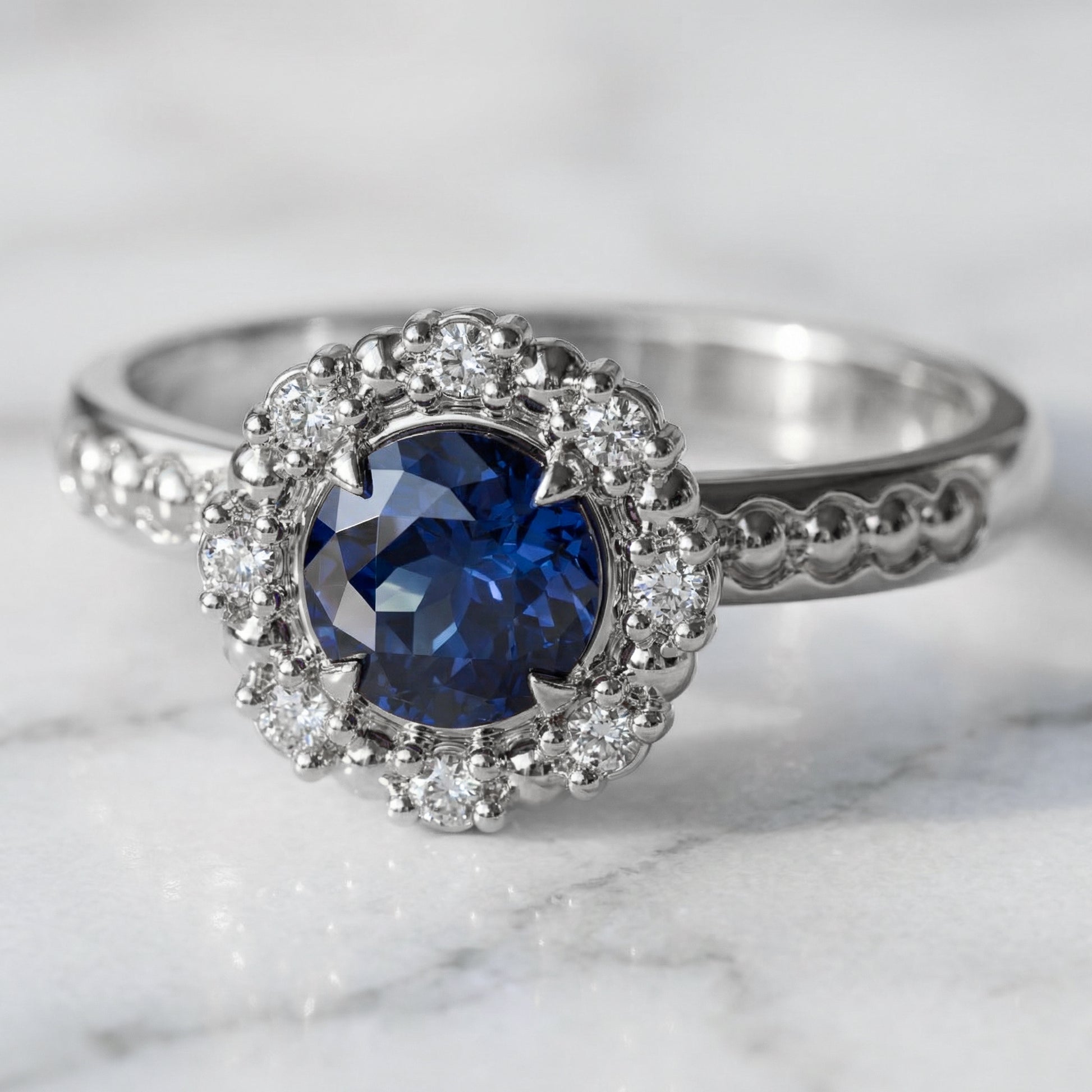 Chatham blue sapphire ring, vintage inspired