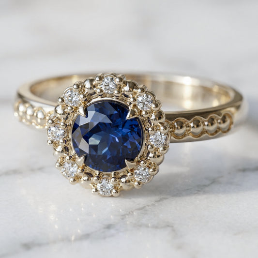 Blue sapphire with halo of diamonds and spheres engagement ring in yellow gold