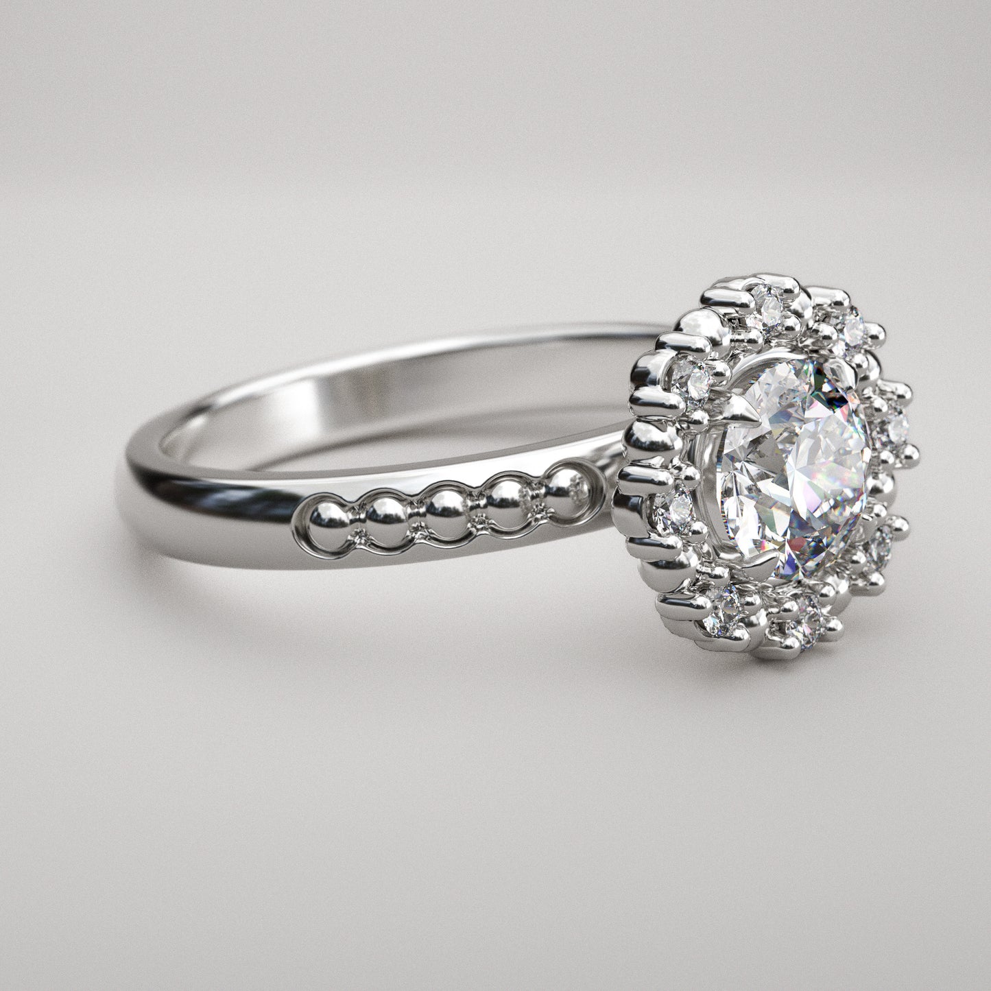 Beads and Diamond Halo and Round Charles and Colvard Moissanite Ring - LA PERLÉE