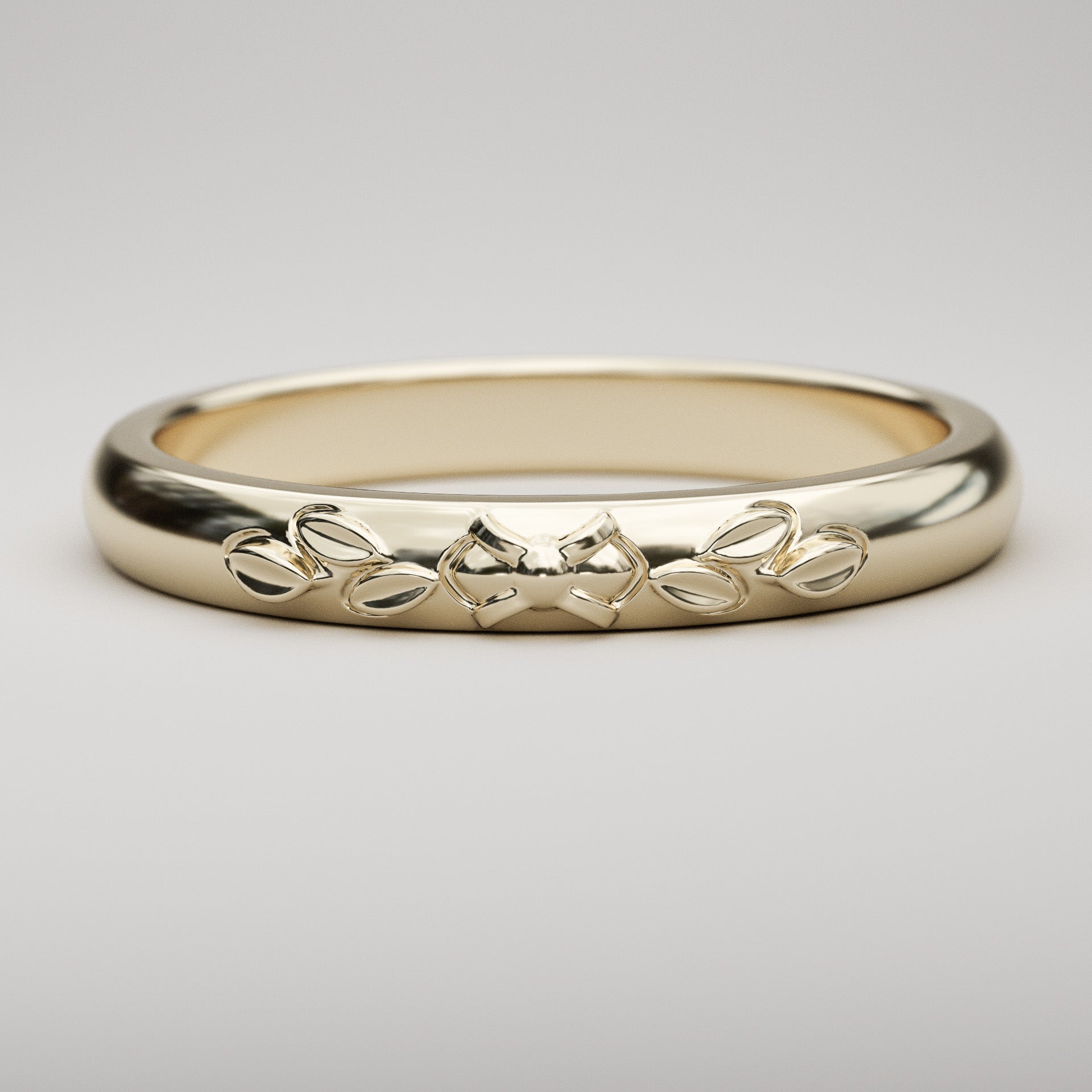 yellow gold wedding band with leaf design for woman in 14k or 18k gold