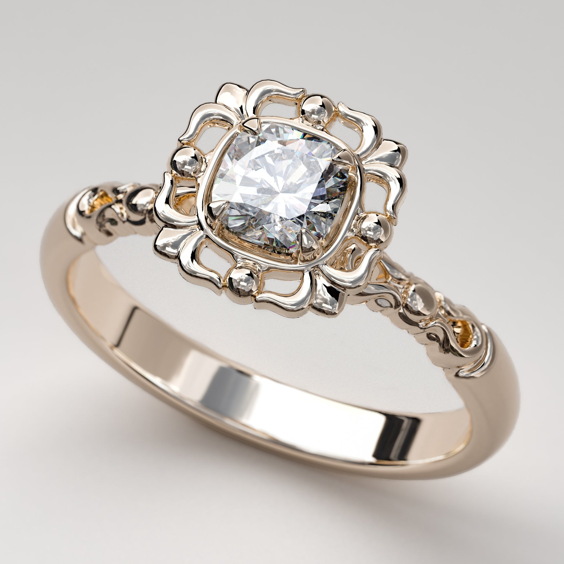 Filigree halo engagement ring with cushion cut Neo Prime Moissanite Gemstone in rose gold