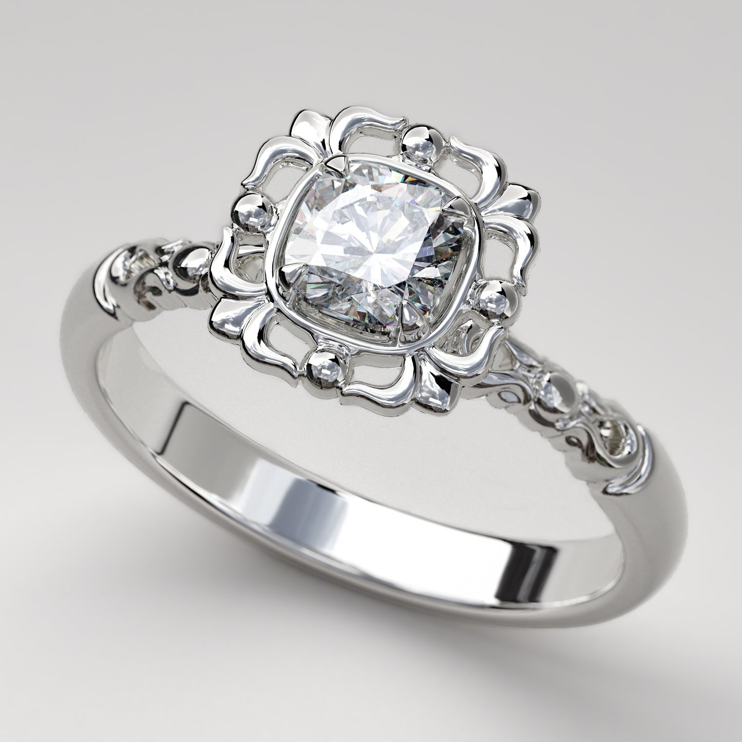 Filigree halo engagement ring with cushion cut Neo Prime Moissanite Gemstone
