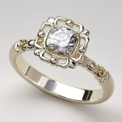 Filigree halo engagement ring with cushion cut Neo Prime Moissanite Gem