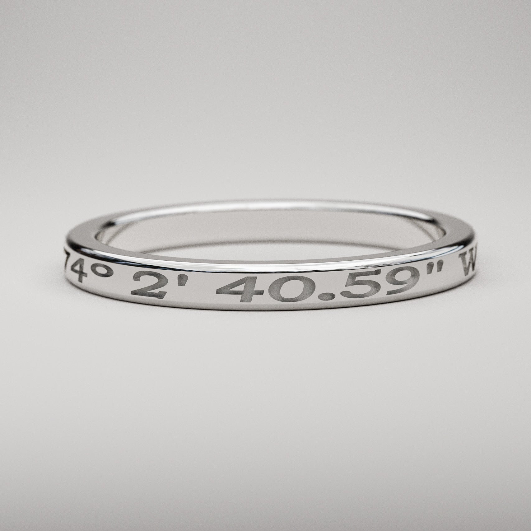 Custom coordinates ring in white gold, 2mm wide