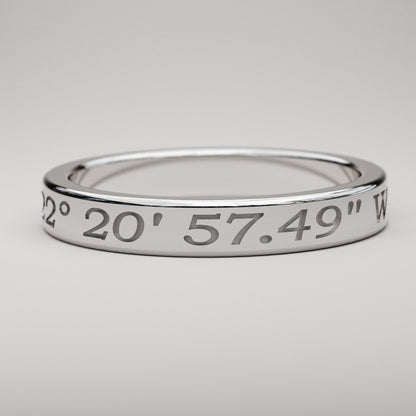 Engraved style custom coordinates ring in white gold
