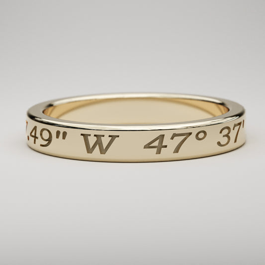 Personalized latitude and longitude coordinates ring in yellow gold