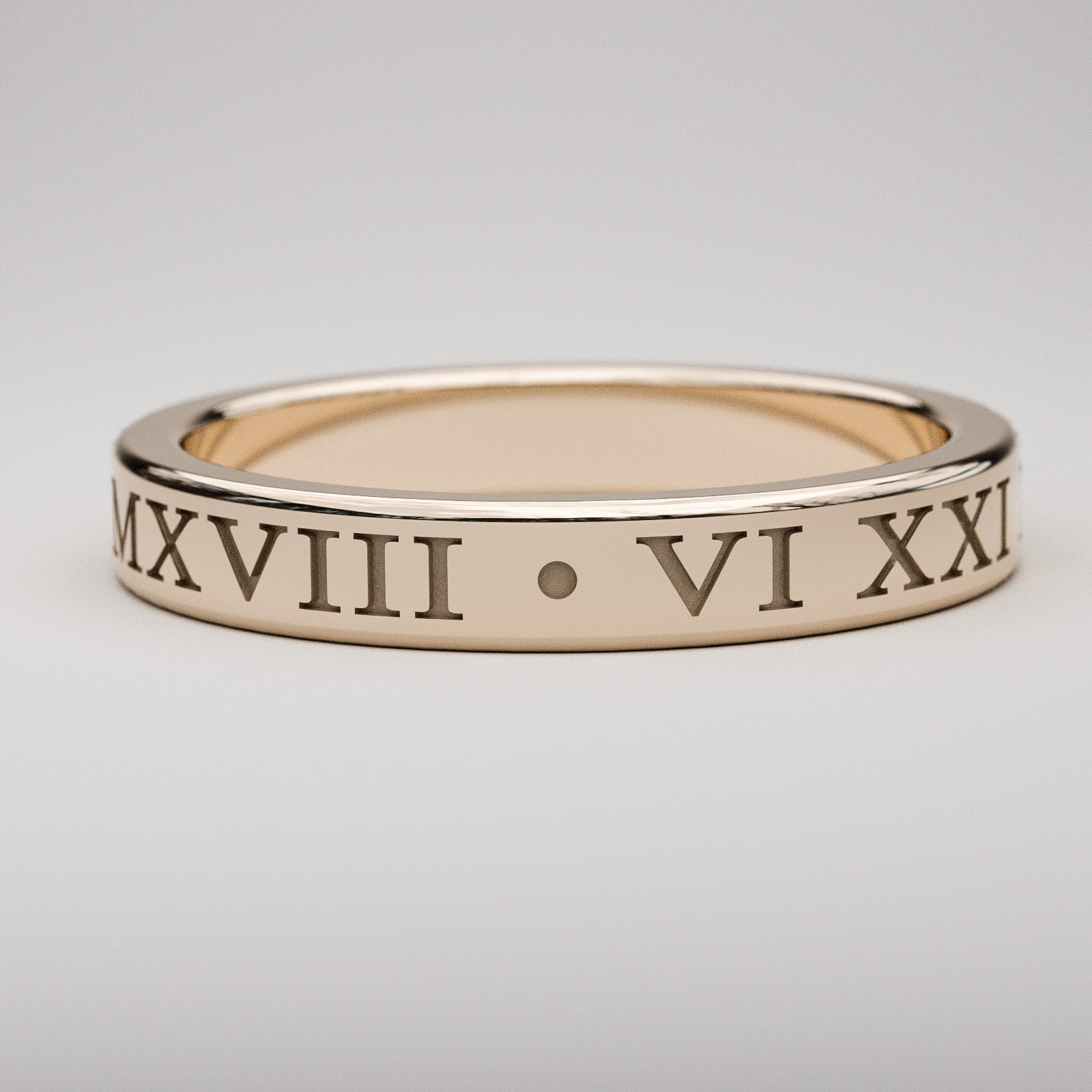 Custom date Roman Numeral ring in 14k rose gold